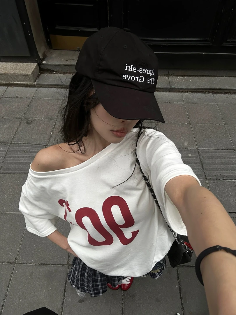 美式复古辣妹斜肩数字印花短袖T恤女2025夏季新款宽松百搭上衣潮