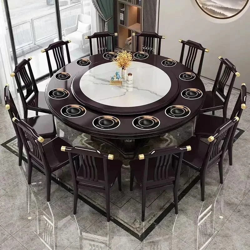 新中式电磁炉一体火锅桌一人一锅饭店商用实木大圆桌家用小火锅桌