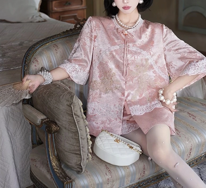 【闺阁少女】夏季新款女国风蕾丝宽松上衣裙裤套装XH25XT080763-1