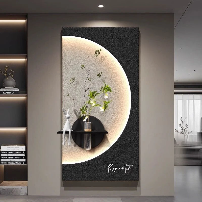 轻奢高级感入户门玄关装饰画水培绿植走廊过道挂画高档月球壁灯画