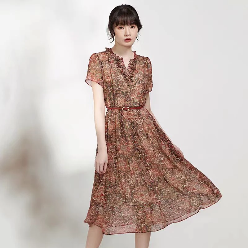 无腰带雅致花案短袖连衣裙洋气百搭A字中长裙2139(D8-2)