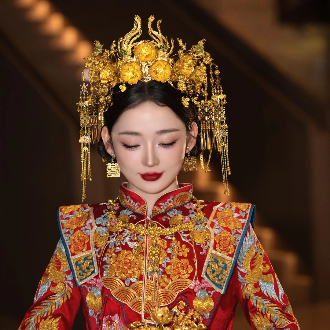 予禧-15277新娘饰中式黄色古风汉唐汉服秀禾服龙凤褂流苏发饰品