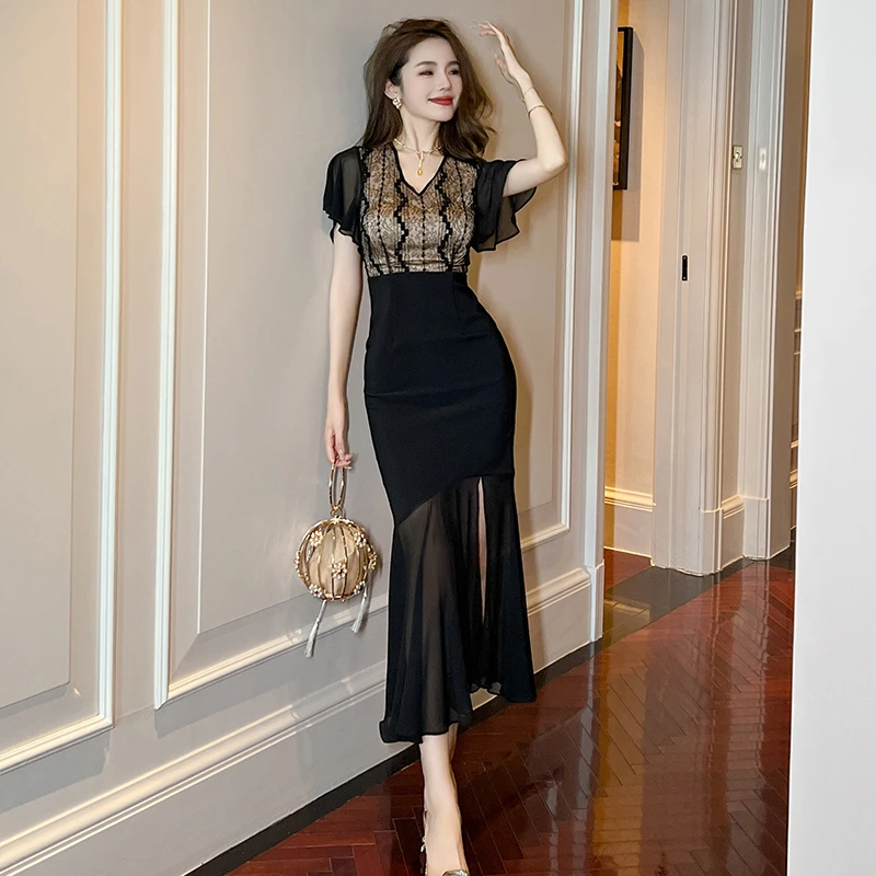 【美美专属】夏季新款收腰显瘦气质网纱拼接性感包臀连衣裙20482