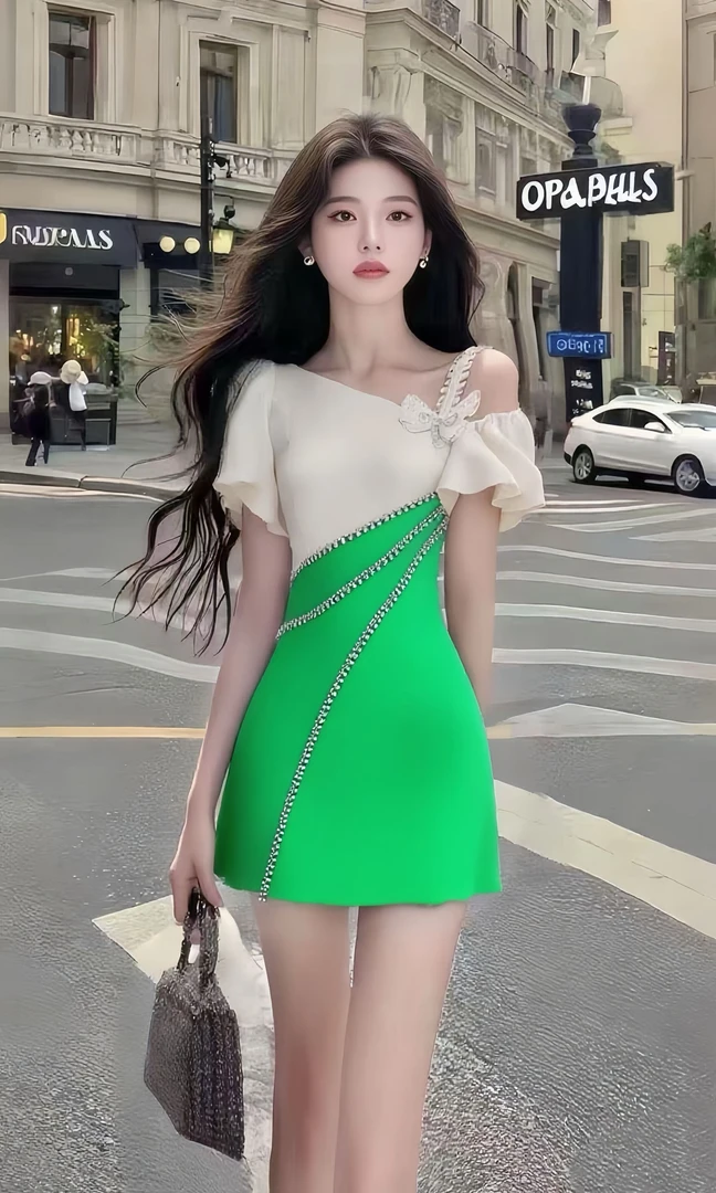 轻奢时尚高端大气设计感斜领露肩收腰绿色连衣裙小众显瘦气质女装