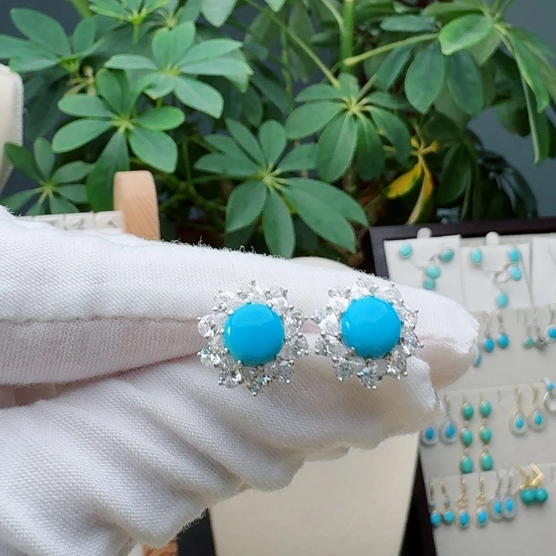 绿松石银S925镶嵌耳饰耳钉