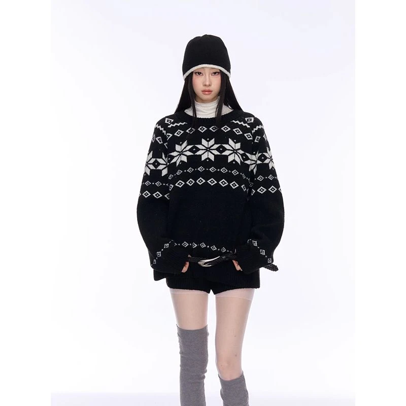 时尚套装女冬季复古显瘦保暖黑色提花费尔岛针织毛衣两件套套装