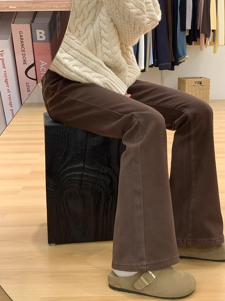 【现货+运费险】大码咖啡色加绒加厚牛仔裤微喇高腰遮肉显瘦喇叭裤