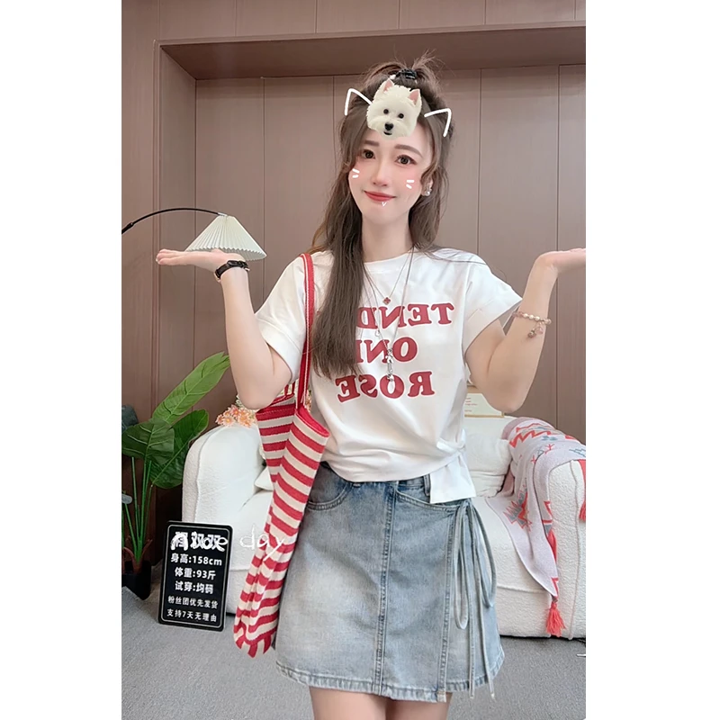 2025夏季圆领短袖印花卡通字母短袖T恤夏季高腰度假风设计感上衣