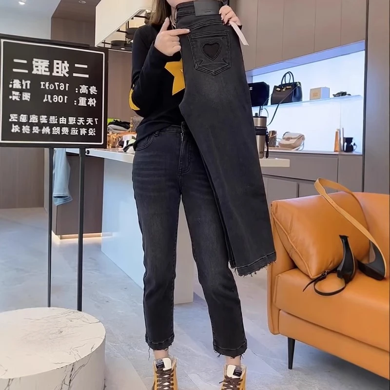 春季爆款高腰显瘦弹力复古直筒牛仔裤女大码设计感百搭九分烟管裤