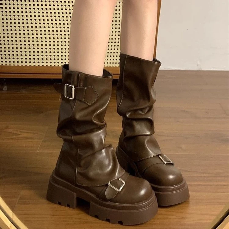 厚底增高马丁靴女2025新款秋冬季复古棕色美拉德堆堆靴中筒裤管靴