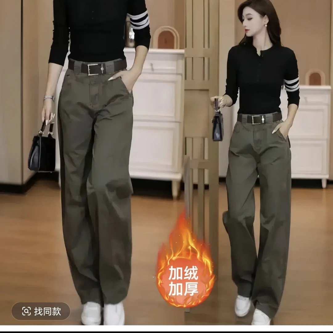 2590冬季新款加绒加厚高腰直筒工装裤女款时尚休闲百搭显瘦