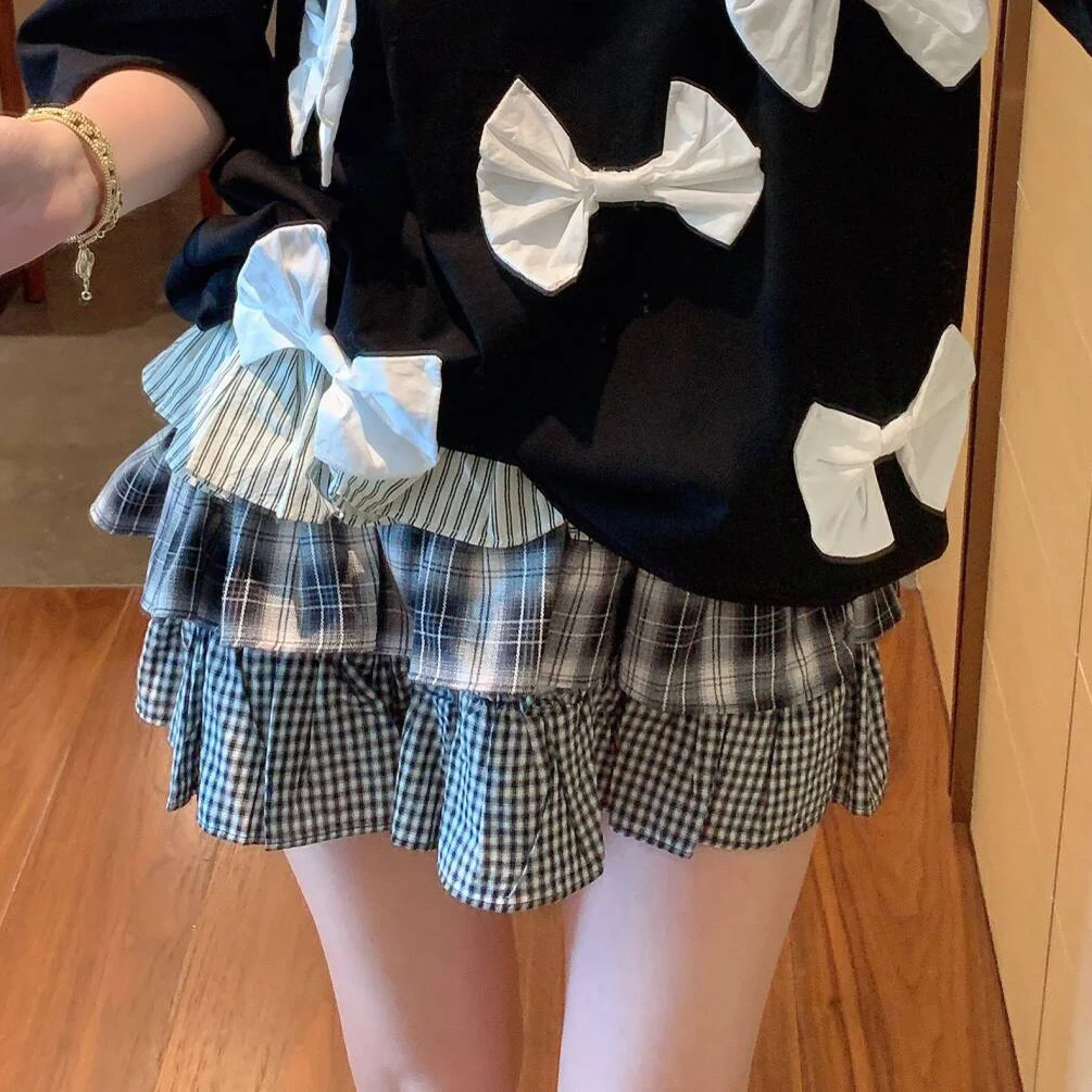 【张静芝】格子条纹层层拼接松紧腰半身裙