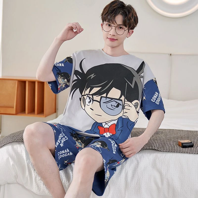 睡衣男夏季棉质短袖卡通薄款大童男士加肥加大码青少年新款家居服