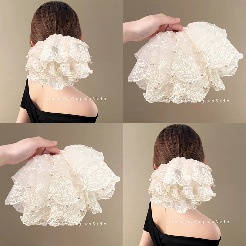 克洛里斯花神~超仙珍珠蕾丝发圈新款超大法式温柔氛围感旅行发绳