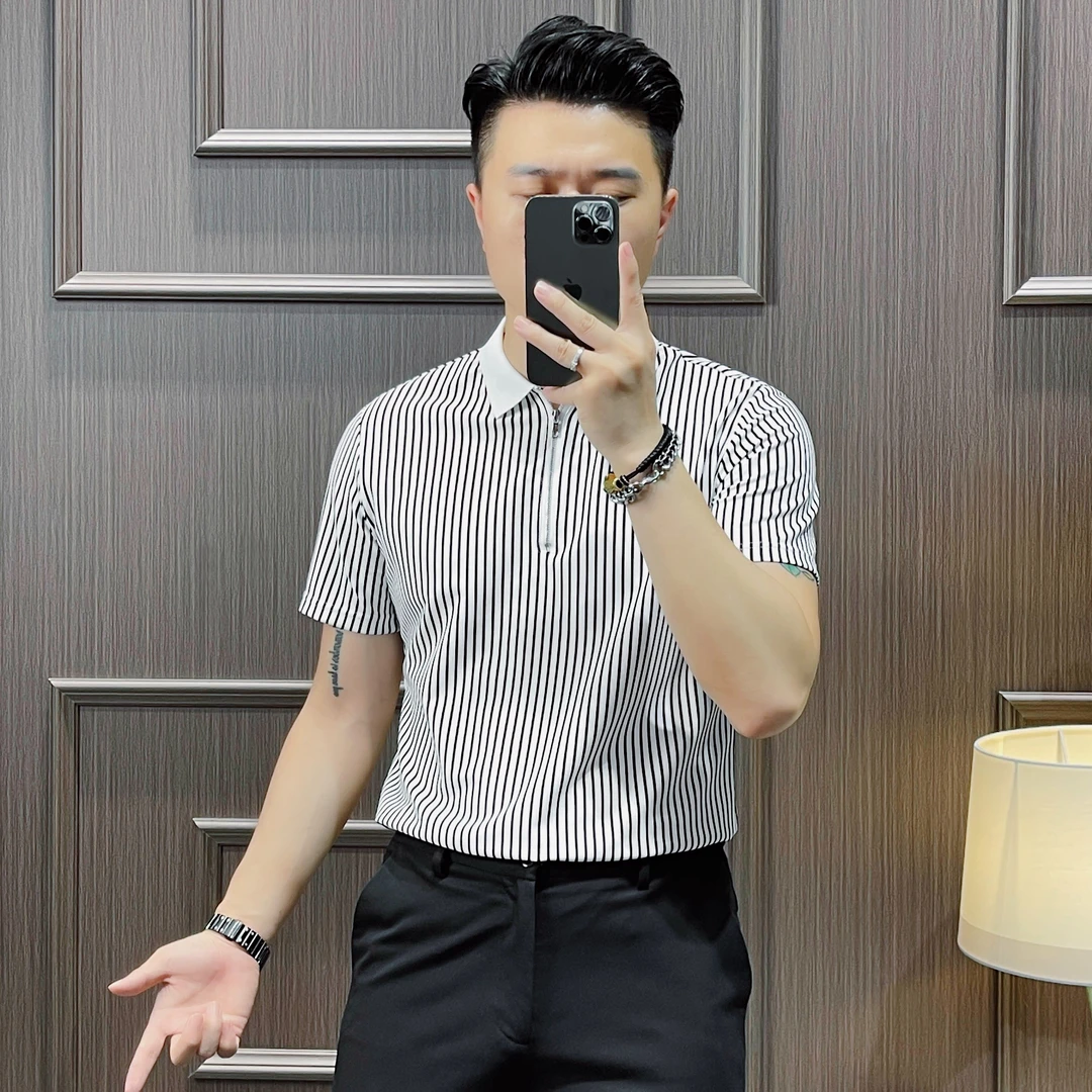 高端条纹半拉链短袖POLO衫男夏季半袖修身百搭翻领t恤休闲上衣潮