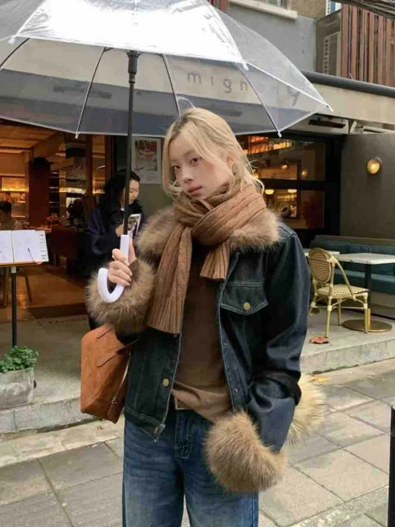 【月光集】毛毛领牛仔外套加厚短款百搭复古上衣3251