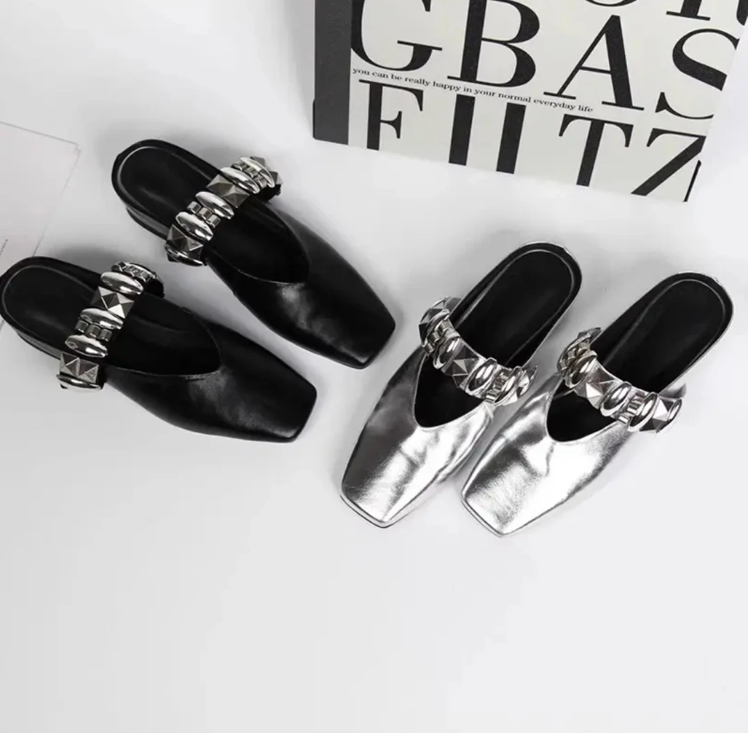 588-2【SM】甜酷英伦风金属单鞋2025年欧洲内外增高包头外穿包头拖