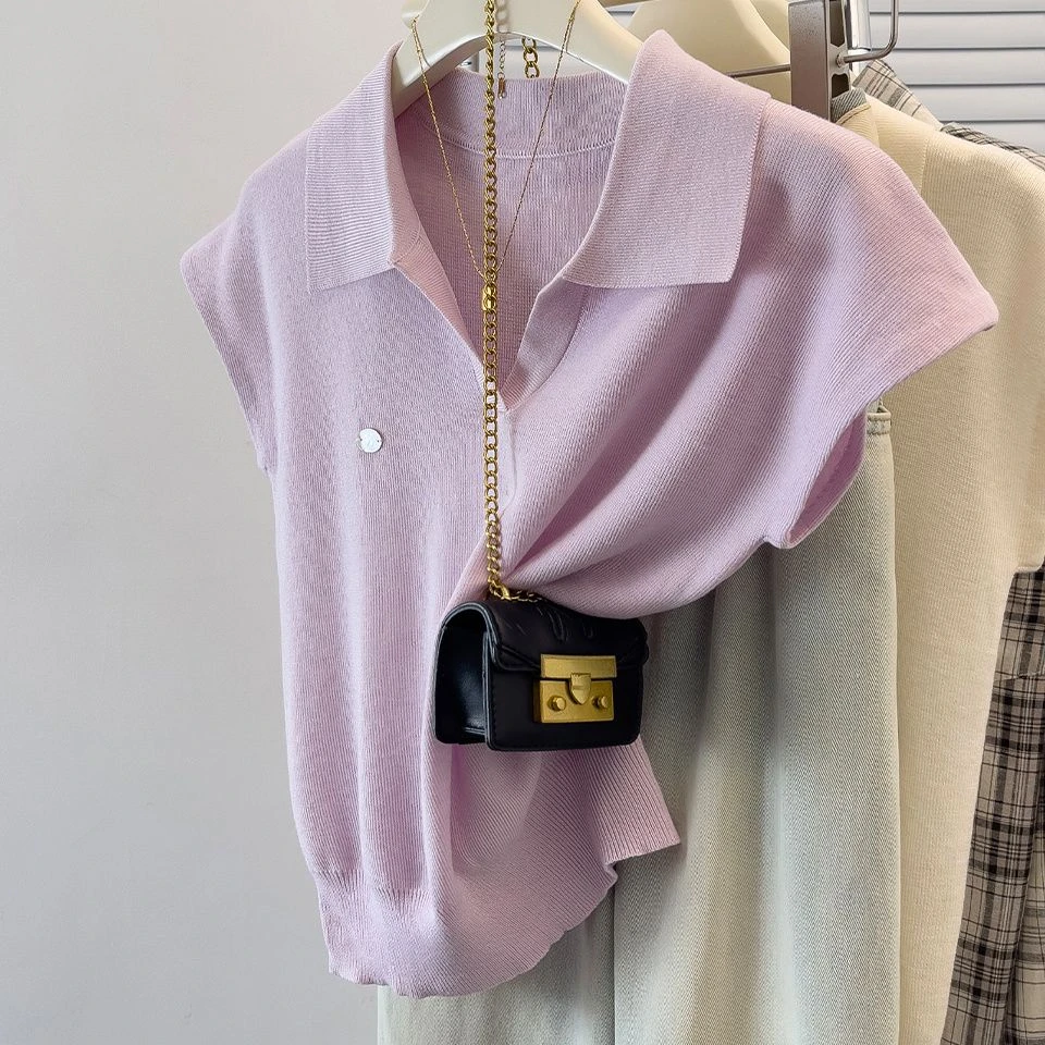 大码遮肚POLO领上衣纯色薄款冰丝针织衫2025夏季新款T恤洋气小衫