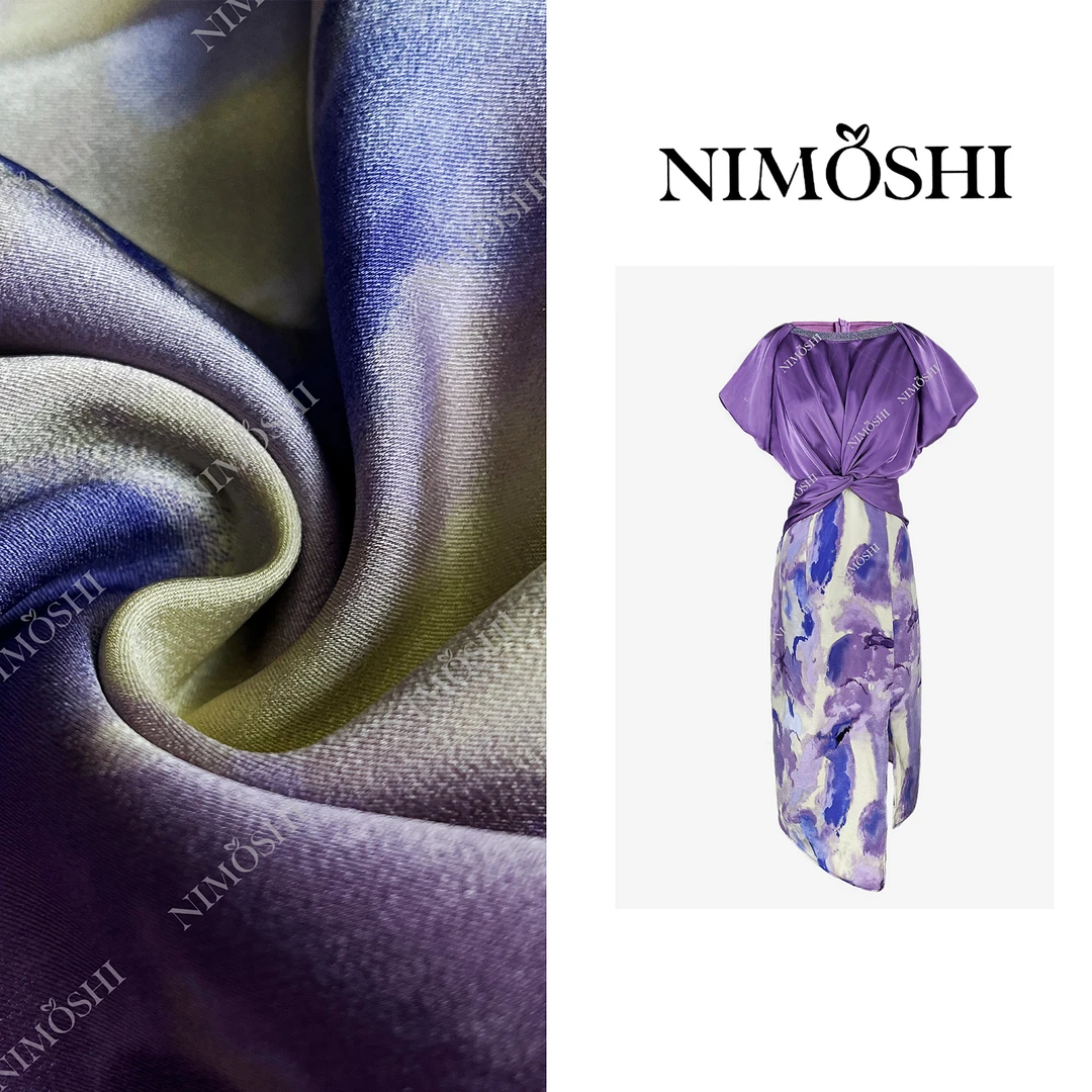NIMOSHI莎莎优雅淡紫色一字领高腰泼墨印花显瘦不规则连衣裙Q2040