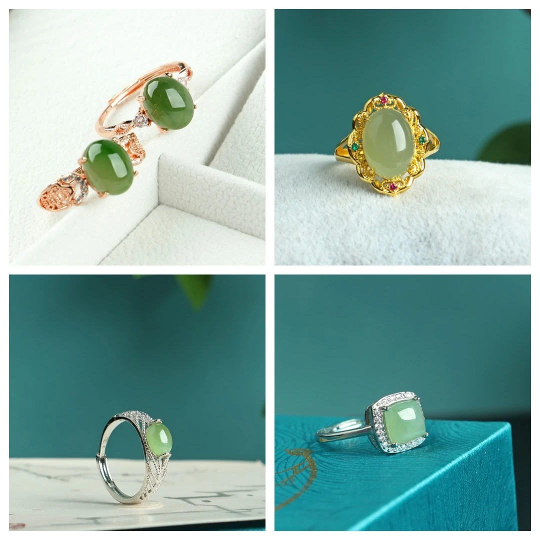 天然和田碧玉蛋面镶嵌男女戒指简约复古活口 小清新和田玉戒指女