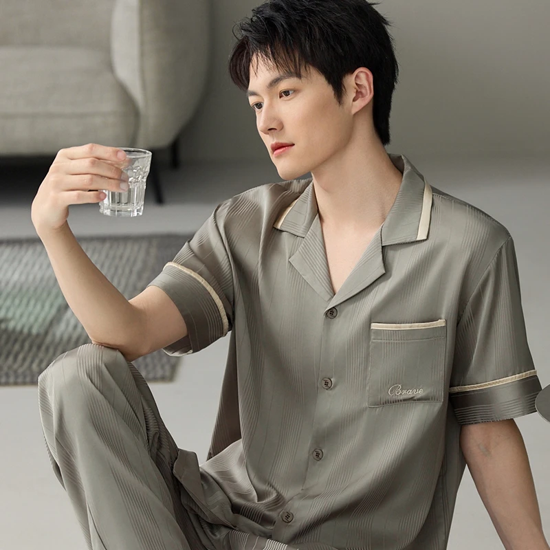 夏季男睡衣长裤短袖纯色莫代尔睡衣睡衣薄款韩版大码高档