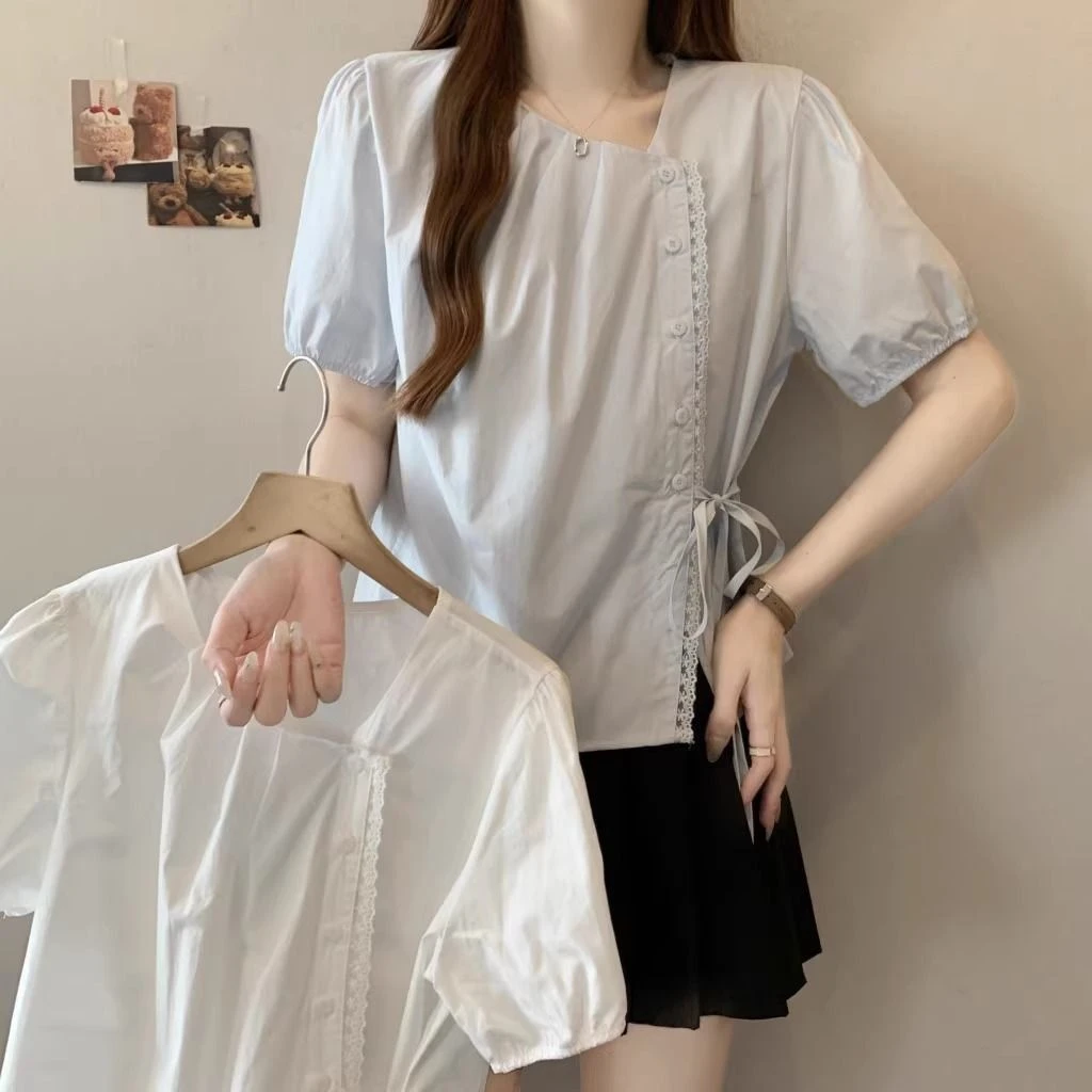 季念新款韩系甜美设计感v领爆款短袖系带宽松遮肚子大码衬衫女款