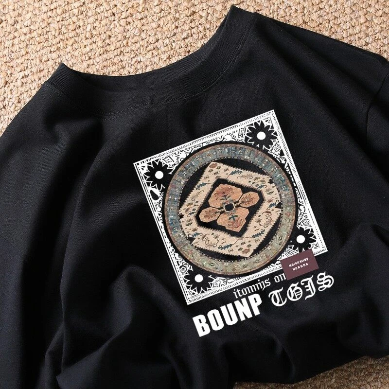 230g重磅纯棉印花T恤夏季男士时尚百搭圆领宽松短袖地图镂空款