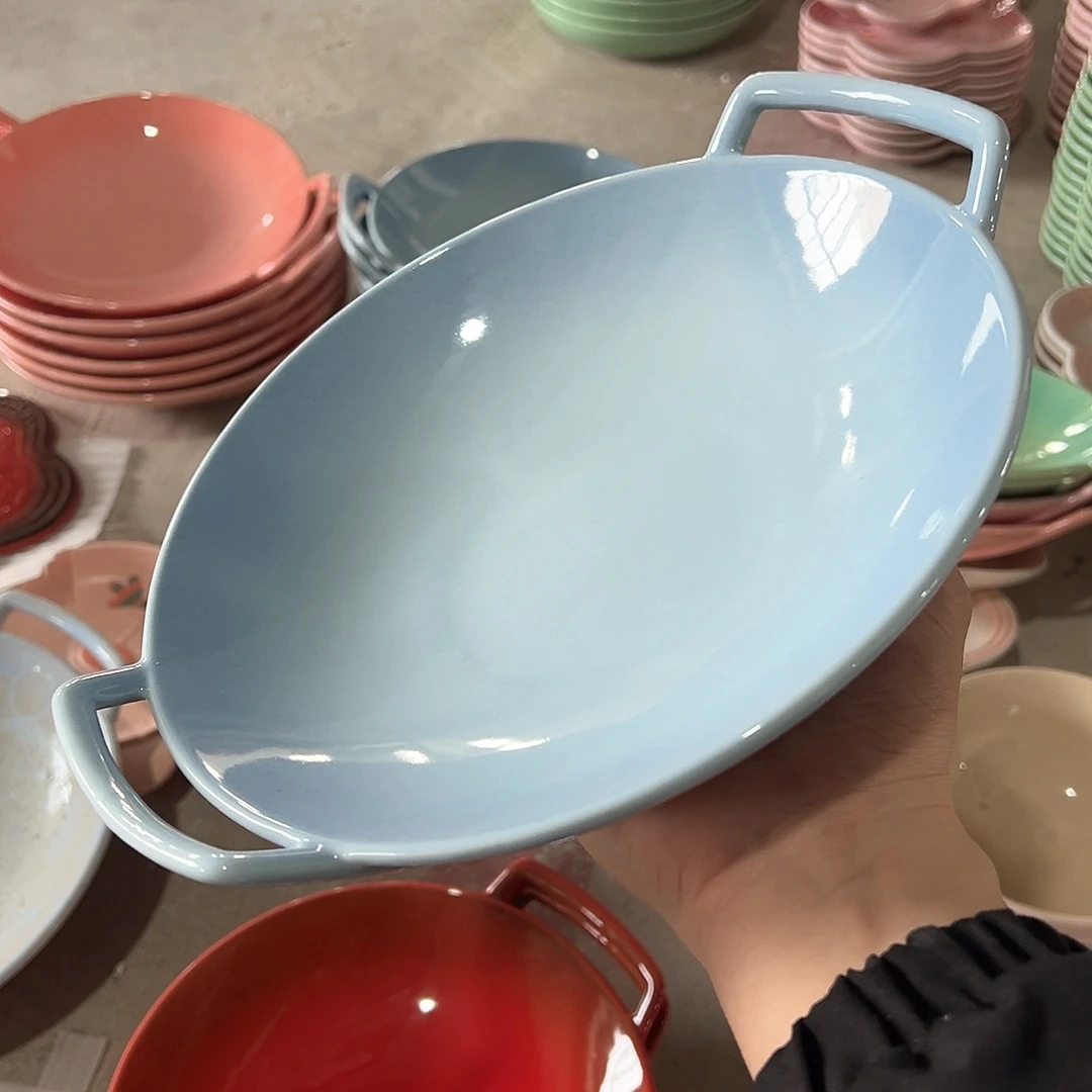 陶瓷 双耳干锅盘 天蓝色色
