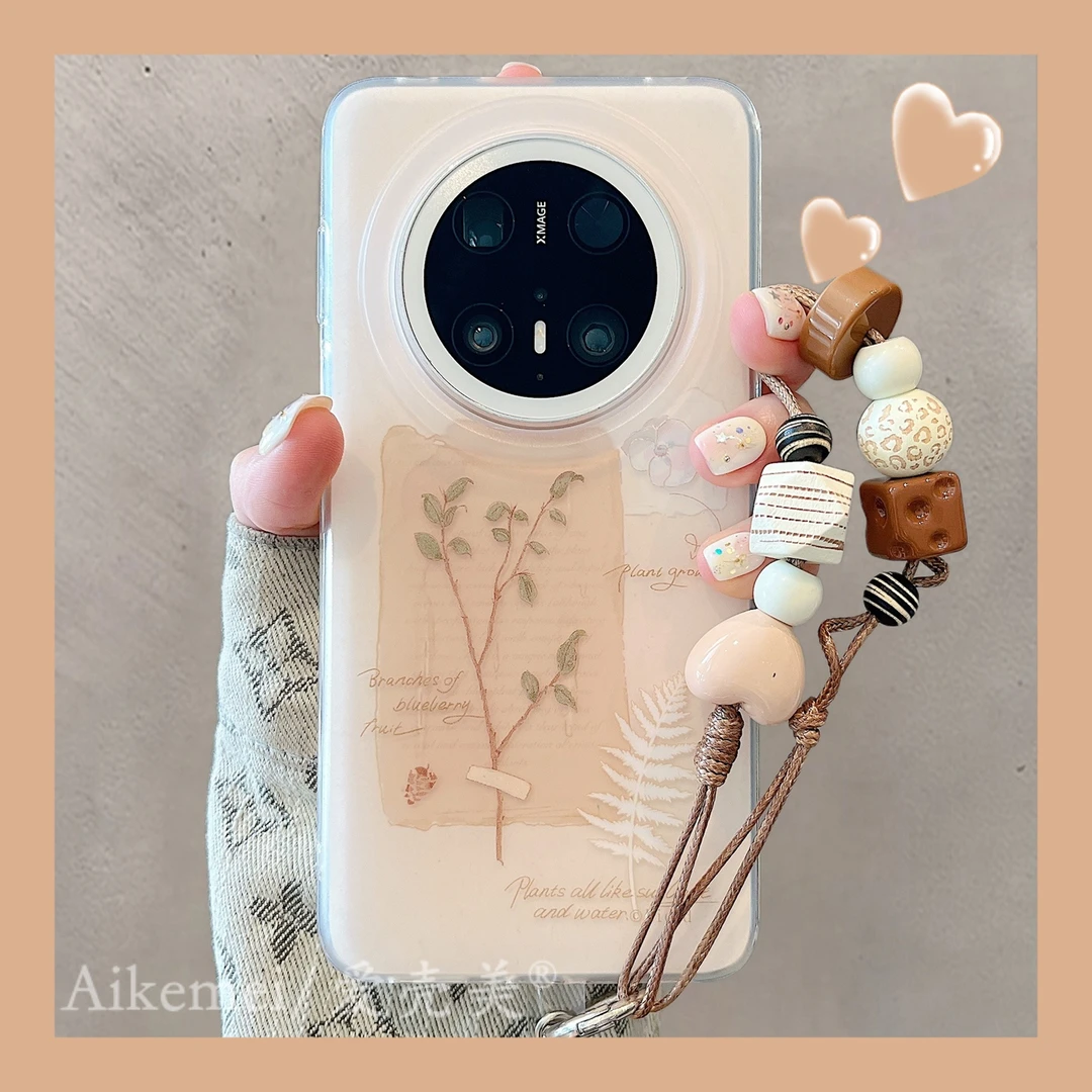 适用华为mate70pro+手机壳米底手绘Mate60pro+花草信纸书签链条女