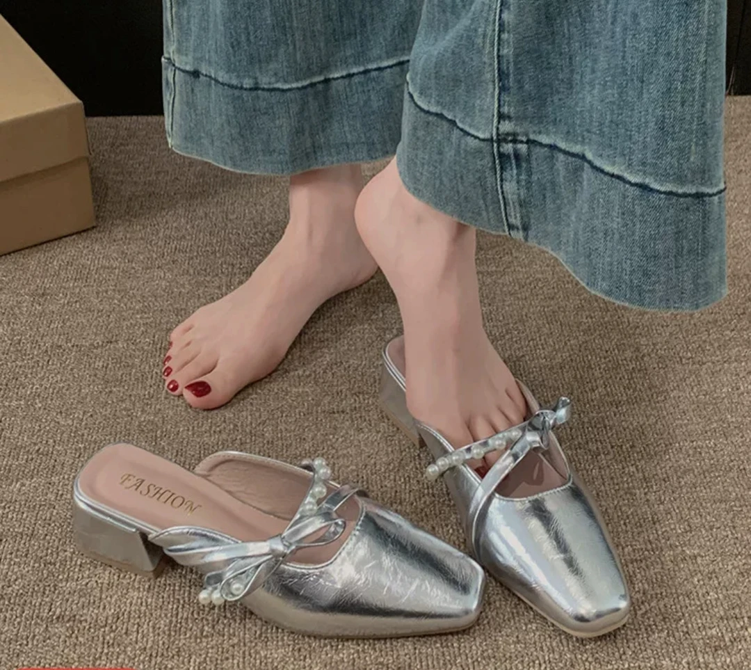 珍珠公主风包头粗跟包头拖鞋