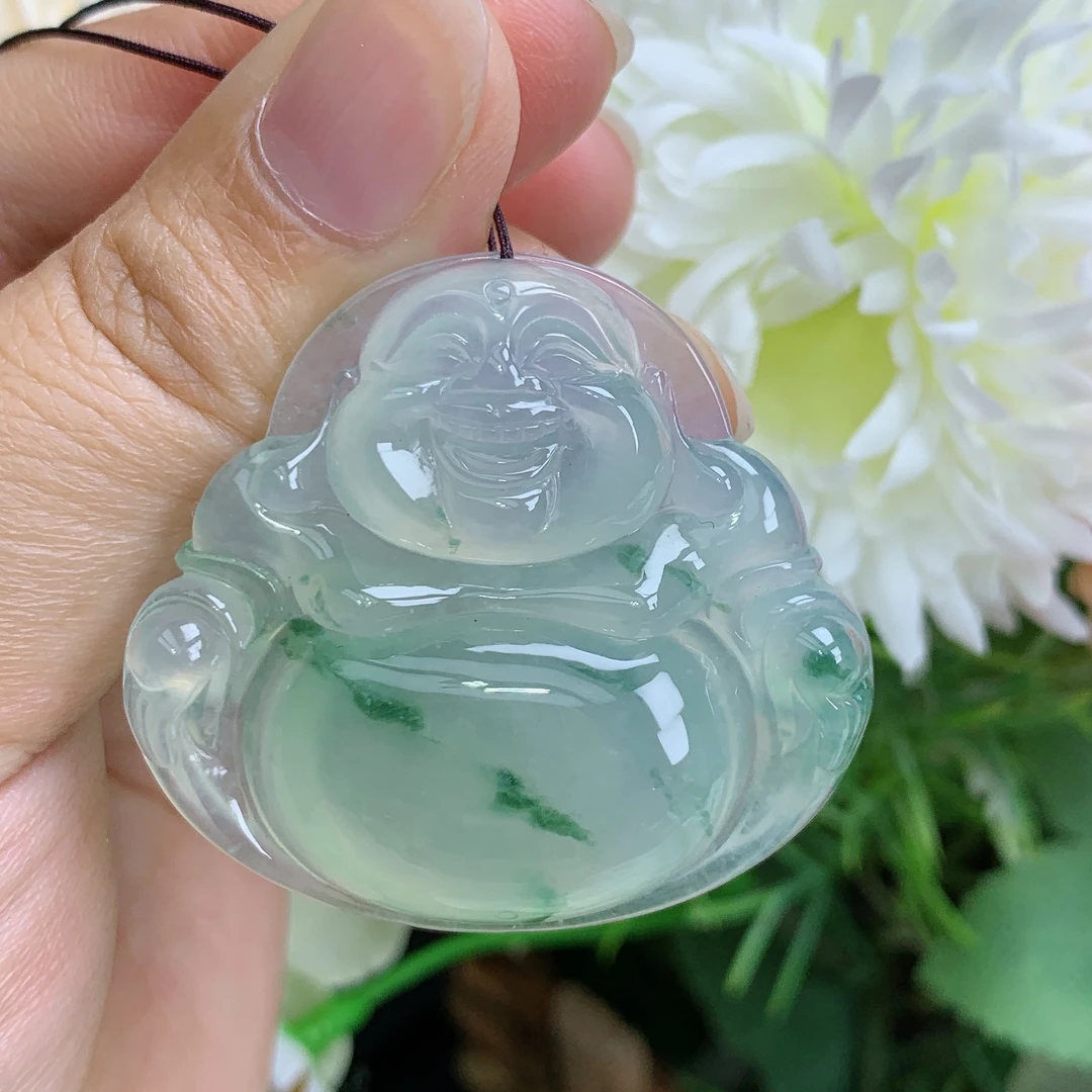 缅甸天然翡翠A货玉石冰种起胶精品飘花大佛吊坠大尺寸38/41.6/8mm