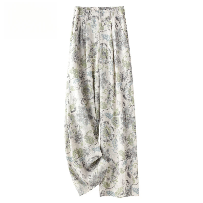 花色棉麻阔腿裤女2025新款夏季薄款休闲宽松天丝亚麻直筒裤子时尚