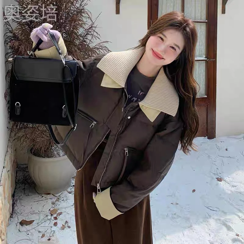 6611针织领绿色皮u加厚防寒服外套