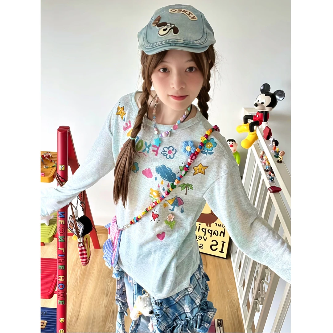 FXOP夏季防晒罩衫针织花朵透气洋气T恤长袖抽褶小斜肩上衣W150