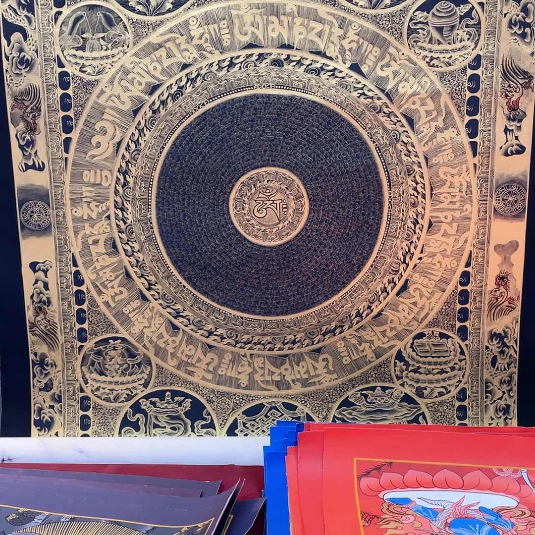 装裱画60×90纯手绘拉嘎王黑金八宝咒文坛城