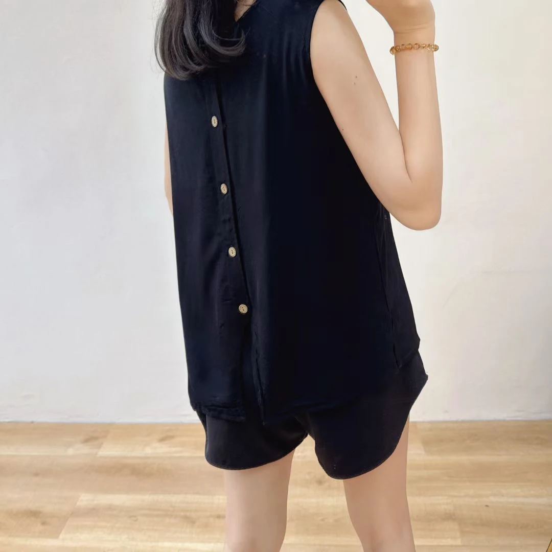后背开扣女士大码无袖背心斜纹棉绸显瘦休闲上衣内搭人造棉透气女