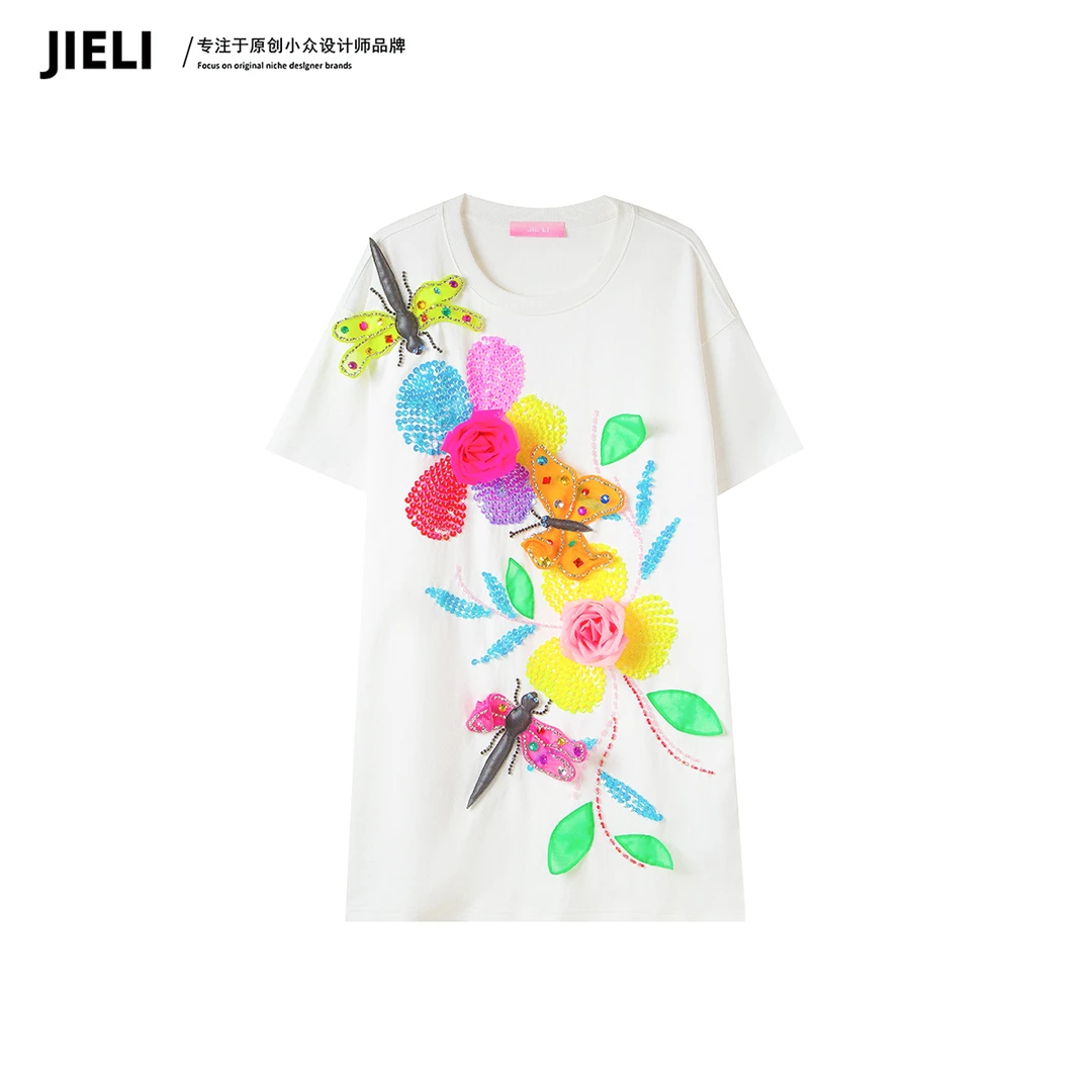 JIE LI/街力设计感小众减龄百搭花朵白色短袖T恤女T8202