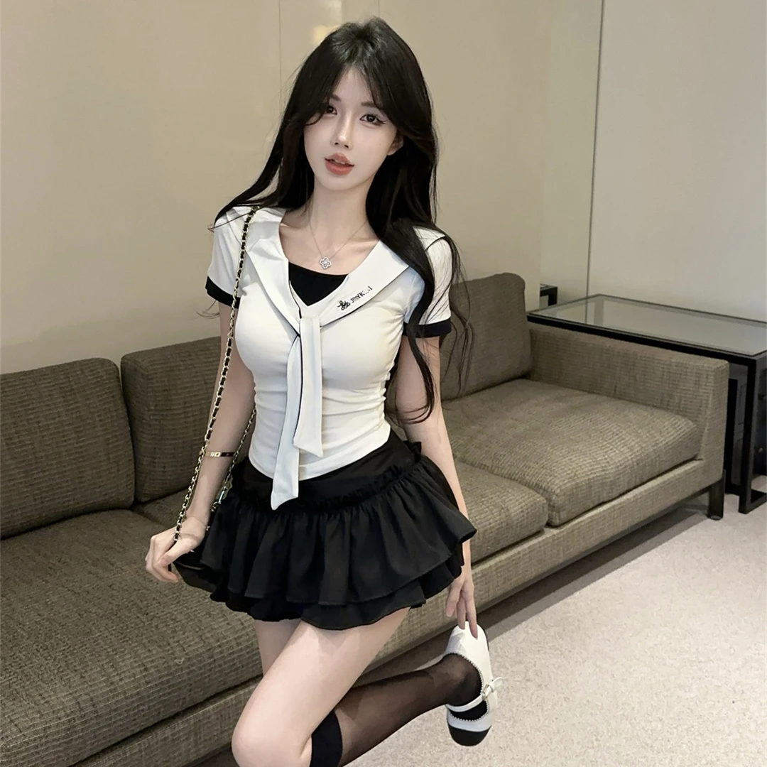 学院风海军领假两件短袖t恤女夏季纯欲甜辣妹短款上衣jk制服套装