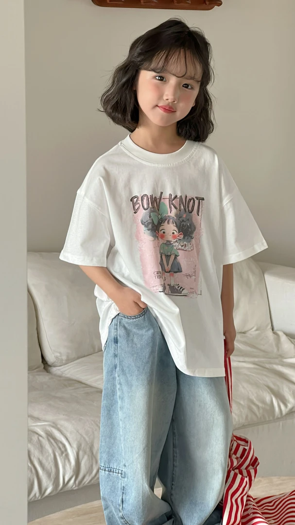 夏季2025新品百搭宽松休闲薄款女童中大童卡通动漫印花T恤韩版女