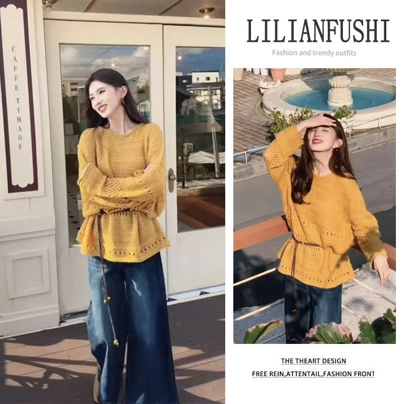 今年流行套装2025新款宽松镂空长袖针织衫显瘦阔腿牛仔裤两件套女