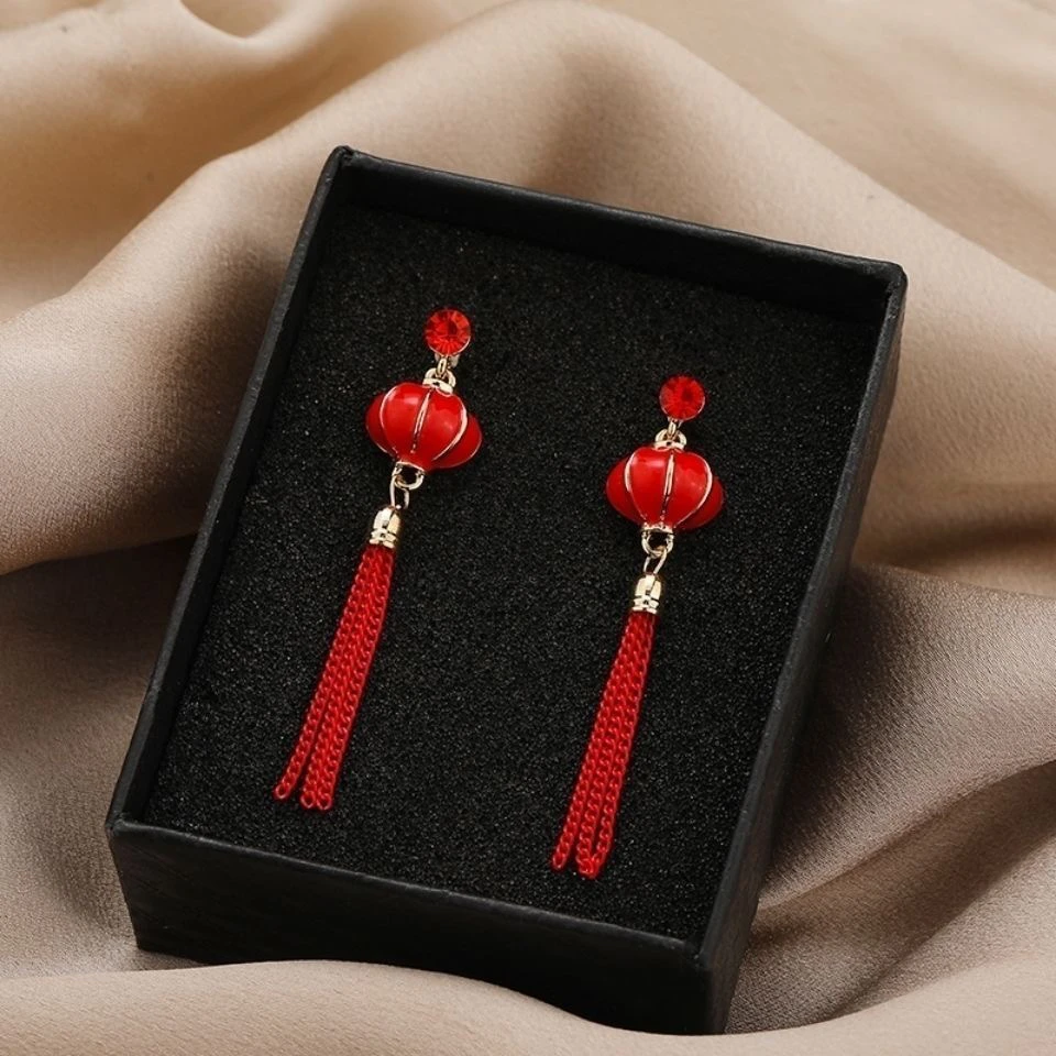 铜合金合成锆石耳饰 红色喜庆中国风灯笼耳环耳钉流苏耳坠耳饰