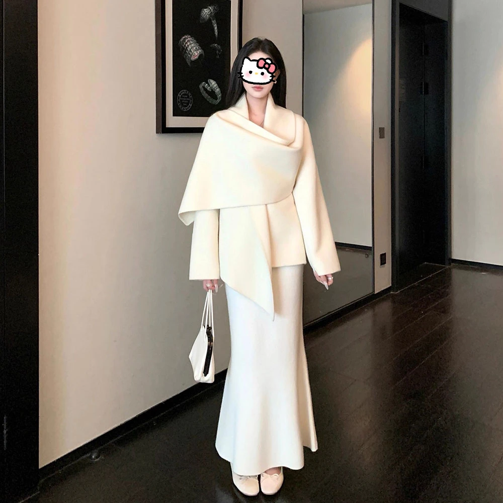 围巾领纯色呢子大衣女2025年秋冬新款气质高级感百搭毛呢外套潮