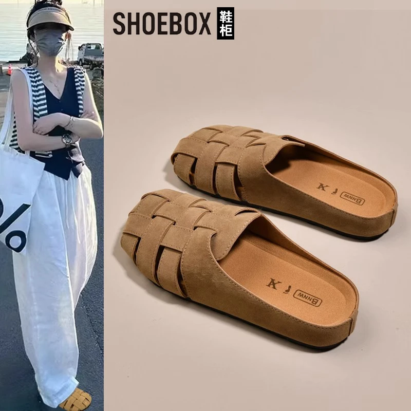 SHOEBOX鞋柜包头半拖女夏外穿2025新款平底一脚蹬复古勃肯凉拖鞋