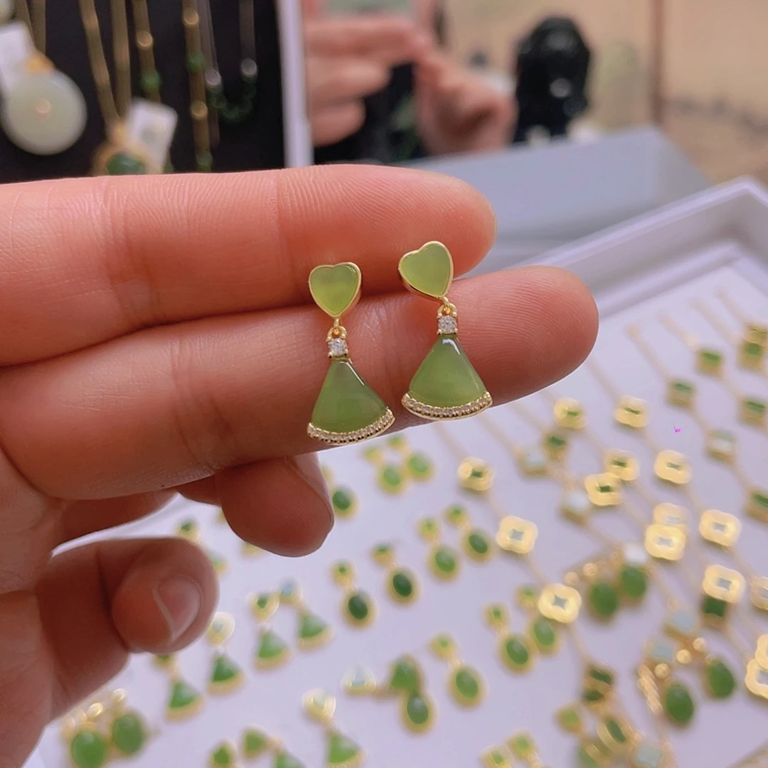 和田玉耳饰银S925镀金镶嵌清*