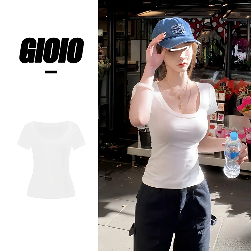 纯色纯欲风U领修身显瘦常规小众百搭通勤设计感韩版内搭T恤