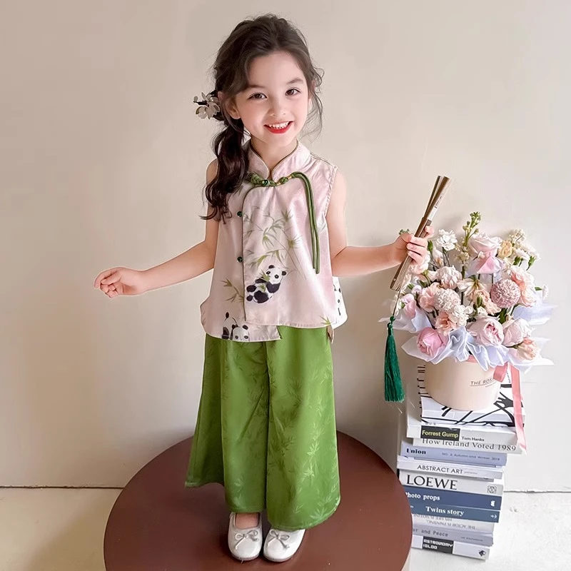 儿童夏季汉服套装新中式国风2025新款女童宝宝旗袍熊猫夏装两件套