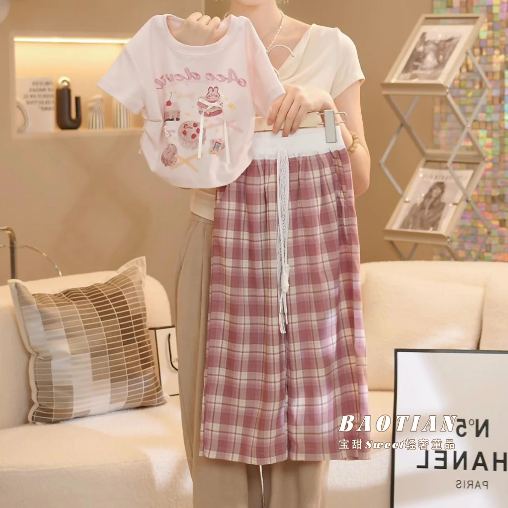 【宝甜】女童2025夏季新款甜美风上衣+休闲裤套装-010