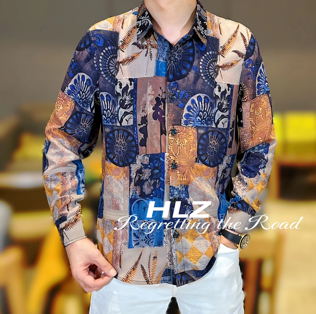 2025早秋新款男士时尚休闲薄款个性不规则图案纽扣款翻领长袖衬衫