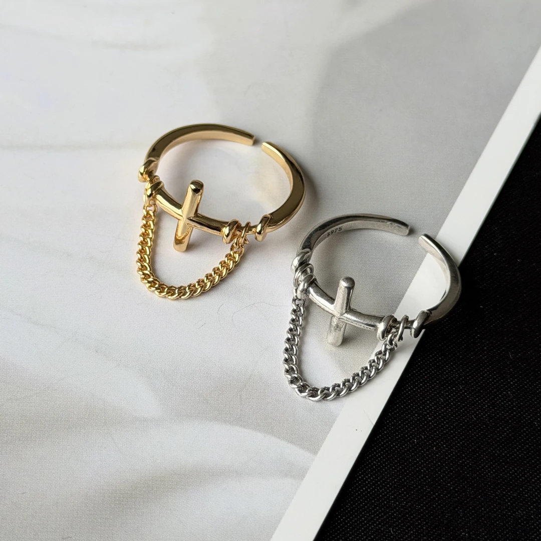 925银戒指 【万莱塔】S925银十字架链条开口戒指JZCY0001-G