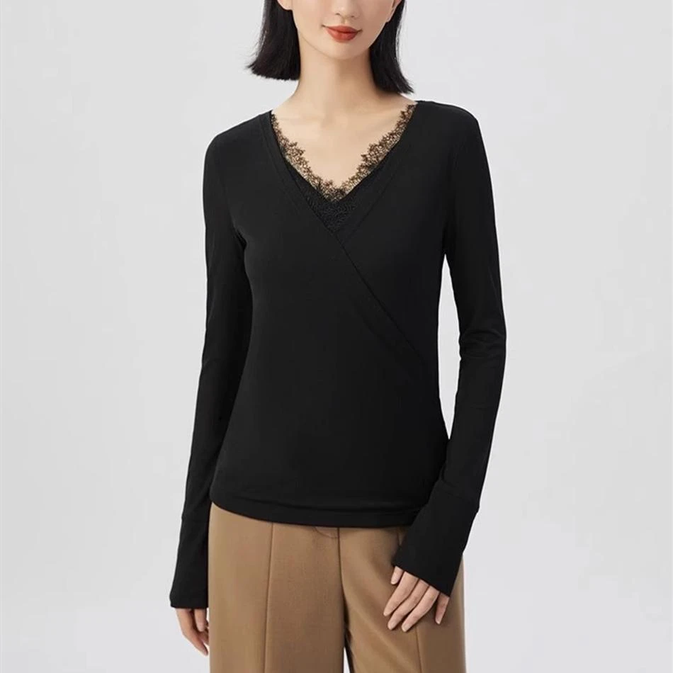 商场专柜女装春季新款修身打底衫女V领蕾丝假两件网纱上衣1300933